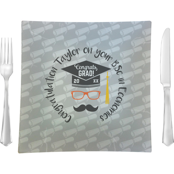 Custom Hipster Graduate 9.5" Glass Square Lunch / Dinner Plate- Single or Set of 4 (Personalized)