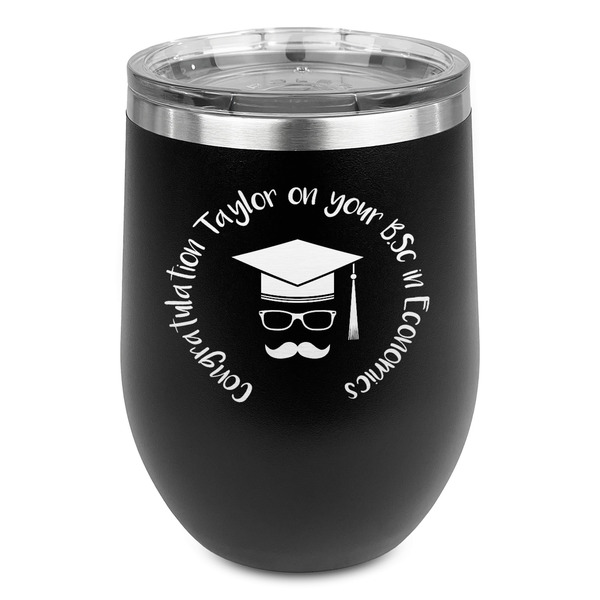 Custom Hipster Graduate Stemless Stainless Steel Wine Tumbler - Black - Double Sided (Personalized)