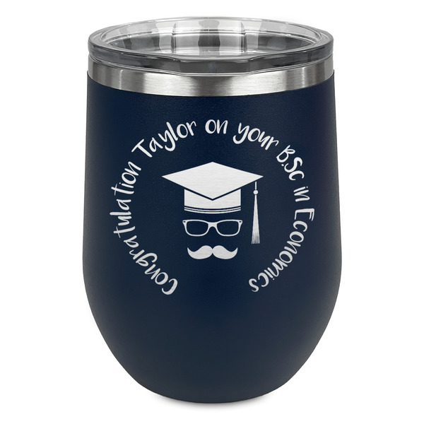 Custom Hipster Graduate Stemless Stainless Steel Wine Tumbler - Navy - Double Sided (Personalized)