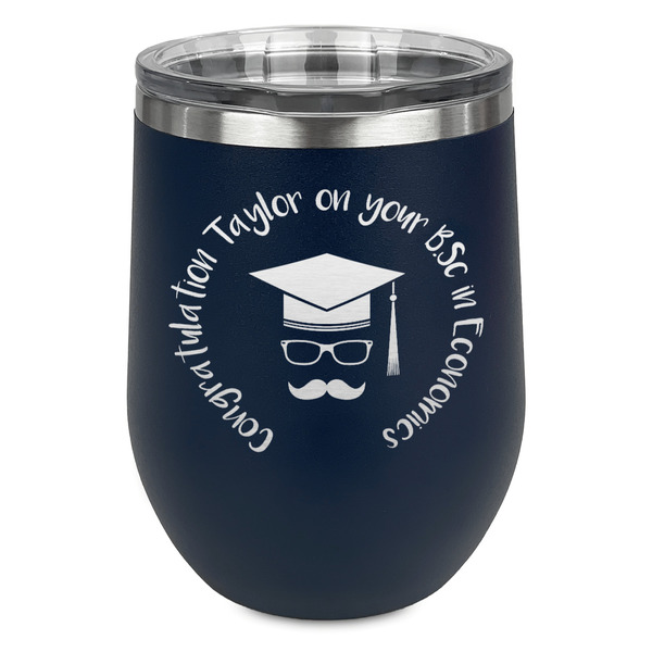 Custom Hipster Graduate Stemless Stainless Steel Wine Tumbler - Navy - Single Sided (Personalized)