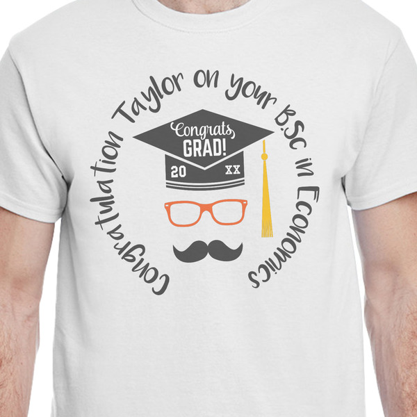 Hipster Graduate White Crew T-Shirt on Model - CloseUp