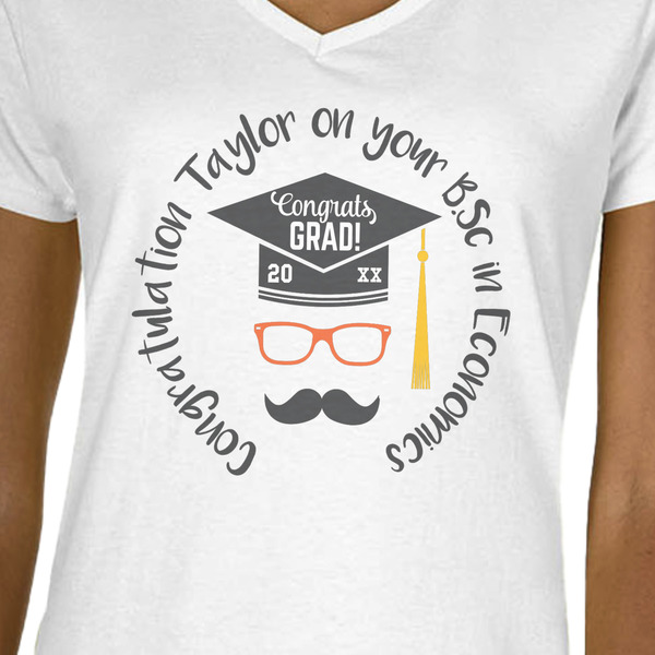 Hipster Graduate White V-Neck T-Shirt on Model - CloseUp