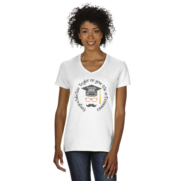 Custom Hipster Graduate Women's V-Neck T-Shirt - White - Large (Personalized)