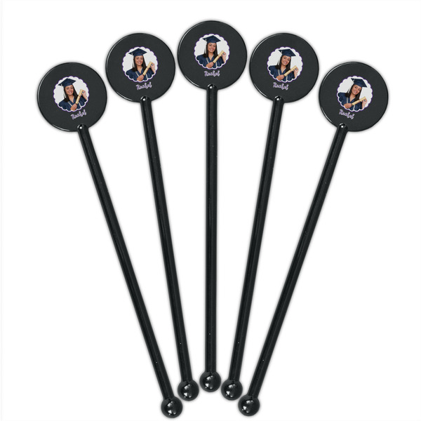 Graduation Black Plastic 5.5" Stir Stick - Round - Fan View