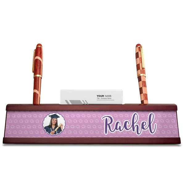Graduation Red Mahogany Nameplates with Business Card Holder - Straight