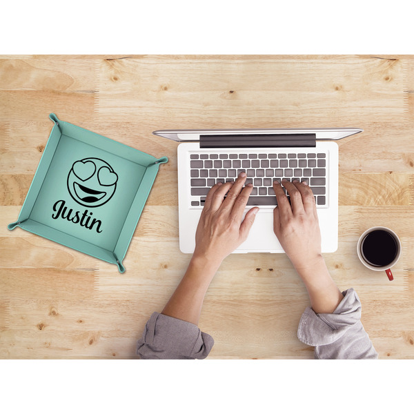 Emojis 9" x 9" Teal Leatherette Snap Up Tray - LIFESTYLE