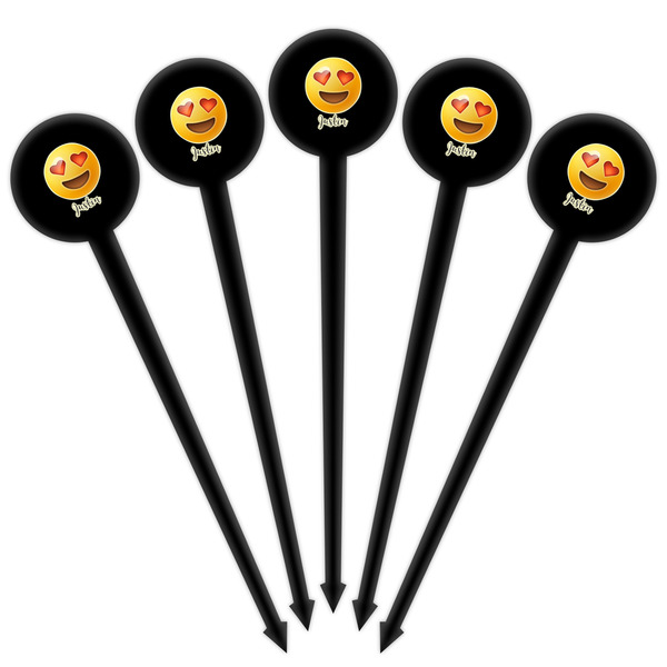 Emojis Black Plastic 4" Food Pick - Round - Fan View