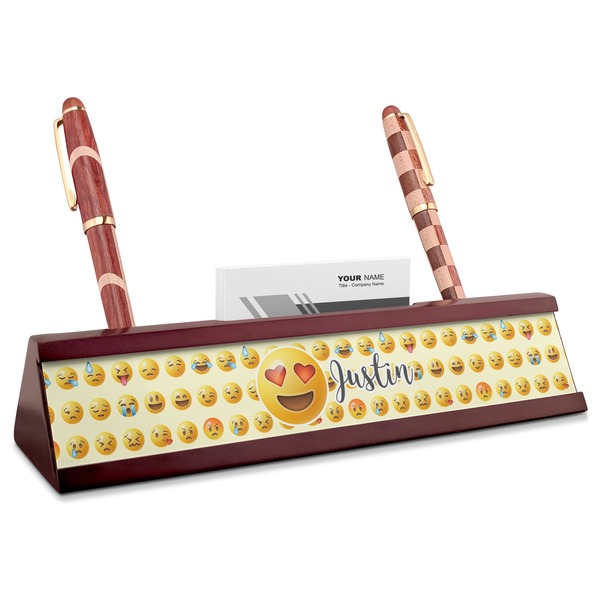 Custom Emojis Red Mahogany Nameplate with Business Card Holder (Personalized)