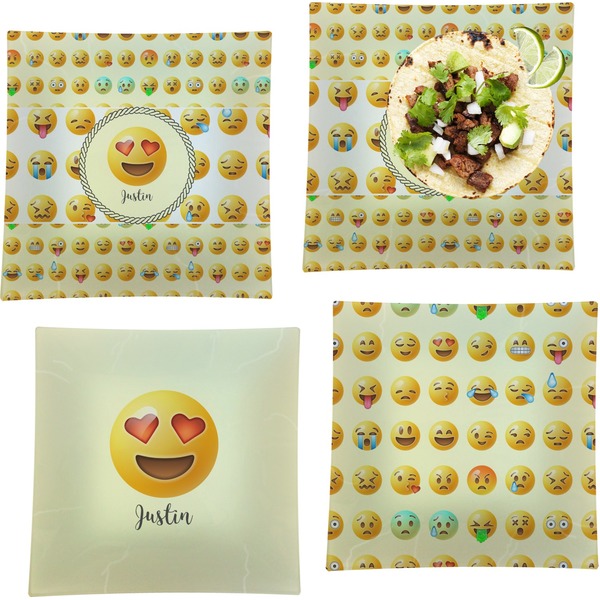 Custom Emojis Set of 4 Glass Square Lunch / Dinner Plate 9.5" (Personalized)