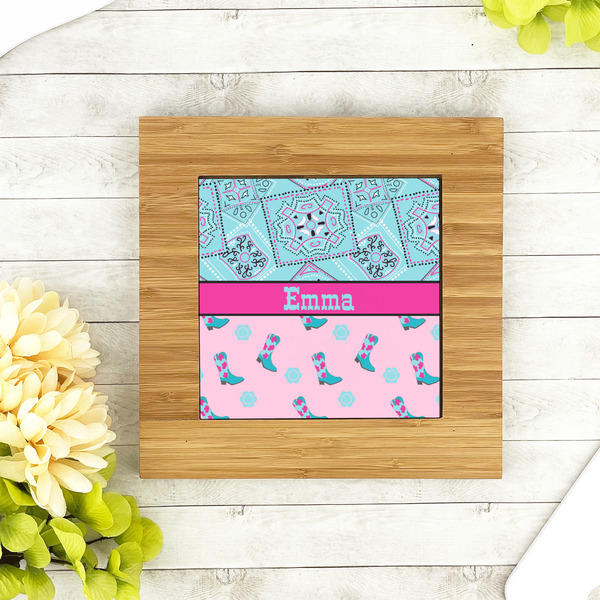 Cowgirl Bamboo Trivet with 6" Tile - LIFESTYLE