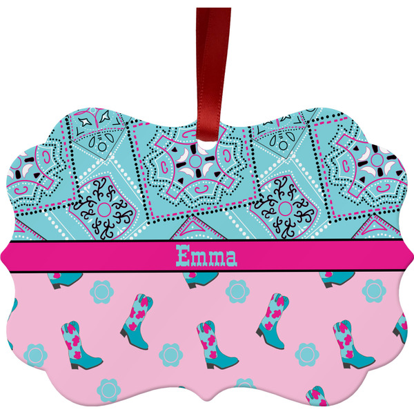 Custom Cowgirl Metal Frame Ornament - Double Sided w/ Name or Text