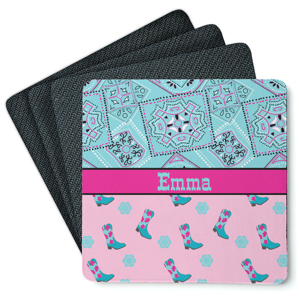 Custom Cowgirl Square Rubber Backed Coasters - Set of 4 (Personalized)