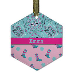 Cowgirl Flat Glass Ornament - Hexagon w/ Name or Text