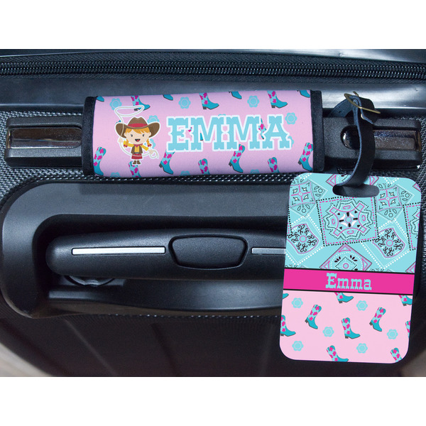 Cowgirl Metal Luggage Tag & Handle Wrap - In Context