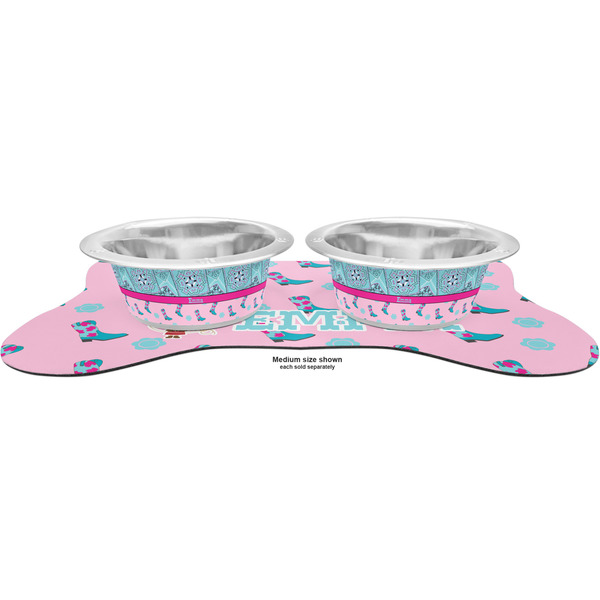 Cowgirl Metal Pet Bowls - On Dog Bone Shaped Mat