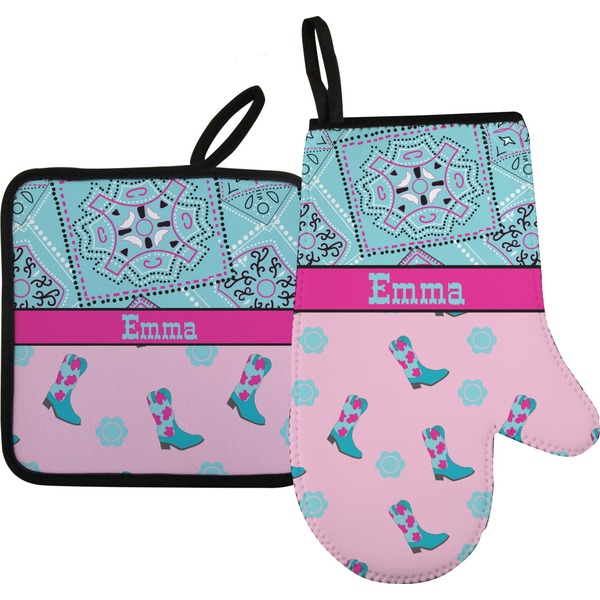 Custom Cowgirl Right Oven Mitt & Pot Holder Set w/ Name or Text