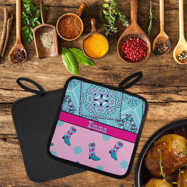 Cowgirl Neoprene Pot Holder - Set of 2  LIFESTYLE (Flatlay)