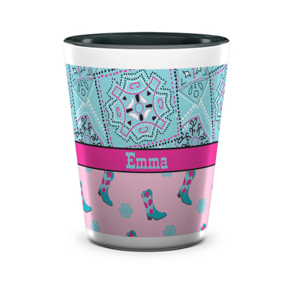 Custom Cowgirl Ceramic Shot Glass - 1.5 oz - Two Tone - Set of 4 (Personalized)