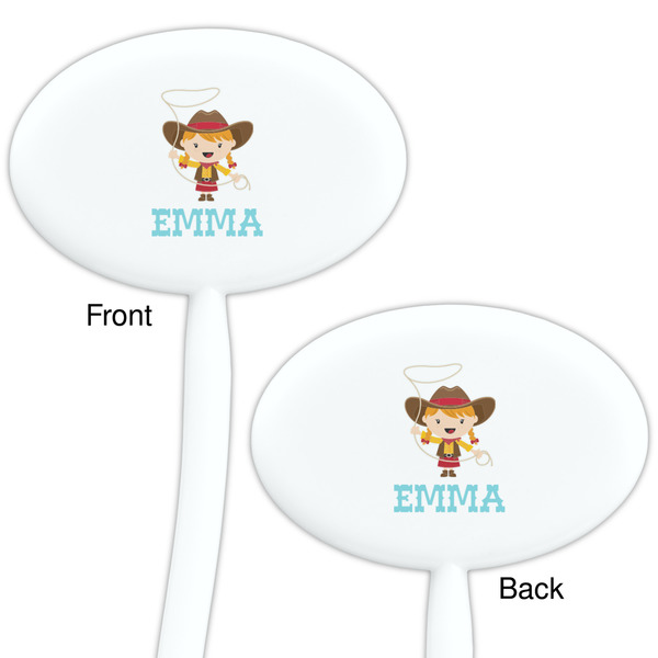 Cowgirl White Plastic 7" Stir Stick - Double Sided - Oval - Front & Back