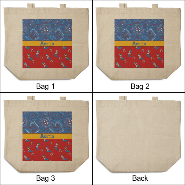Cowboy 3 Reusable Cotton Grocery Bags - Front & Back View