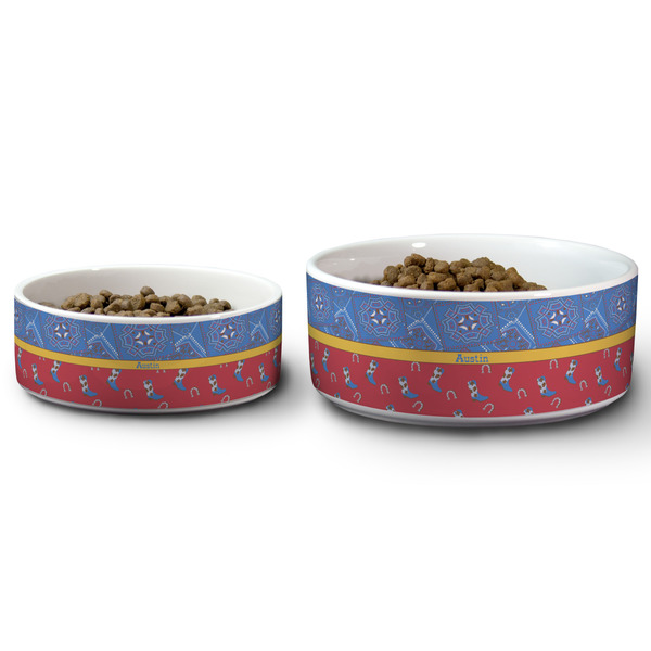 Cowboy Ceramic Dog Bowls - Size Comparison