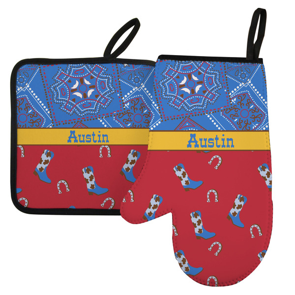 Custom Cowboy Left Oven Mitt & Pot Holder Set w/ Name or Text