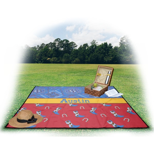 Cowboy Picnic Blanket - with Basket Hat and Book - in Use