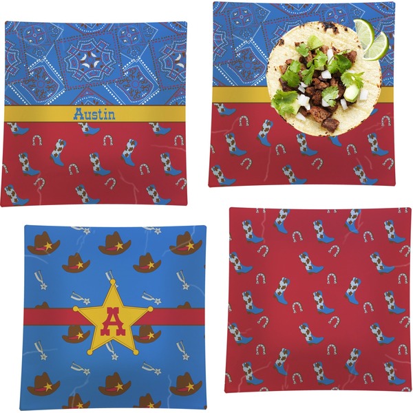 Custom Cowboy Set of 4 Glass Square Lunch / Dinner Plate 9.5" (Personalized)