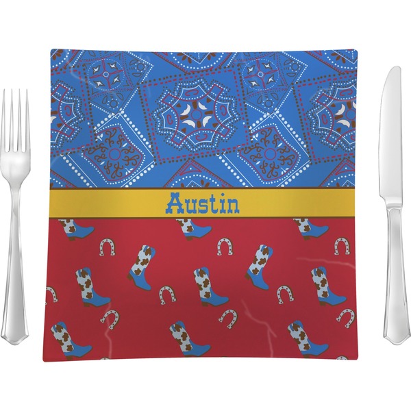 Custom Cowboy 9.5" Glass Square Lunch / Dinner Plate- Single or Set of 4 (Personalized)