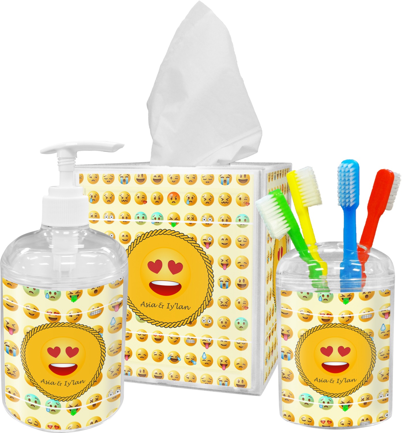 Emojis Acrylic Bathroom Accessories Set w/ Name or Text YouCustomizeIt