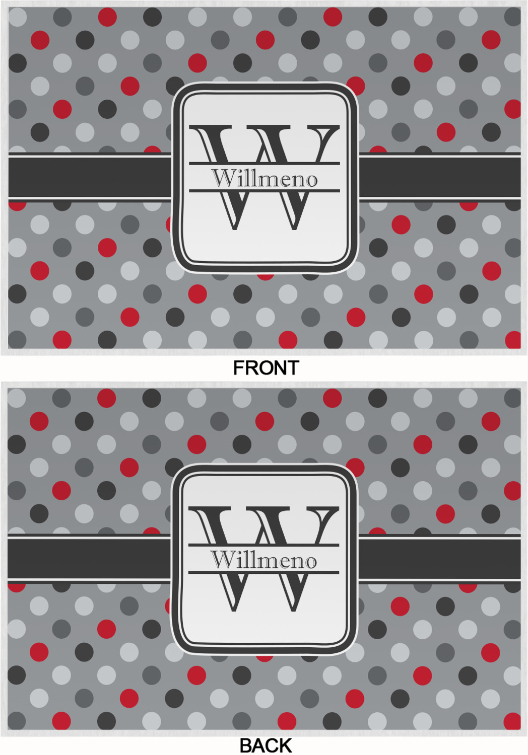 Custom Red & Gray Polka Dots Laminated Placemat w/ Name and Initial
