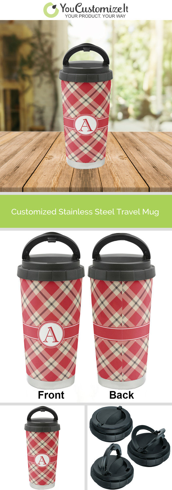 Custom Red & Tan Plaid Stainless Steel Thermos (Personalized