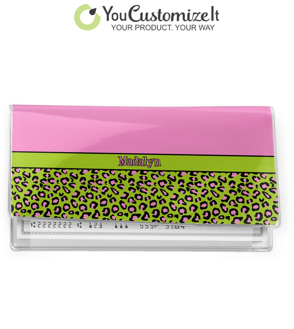Pink & Lime Green Leopard Genuine Leather Checkbook Cover Personalized 