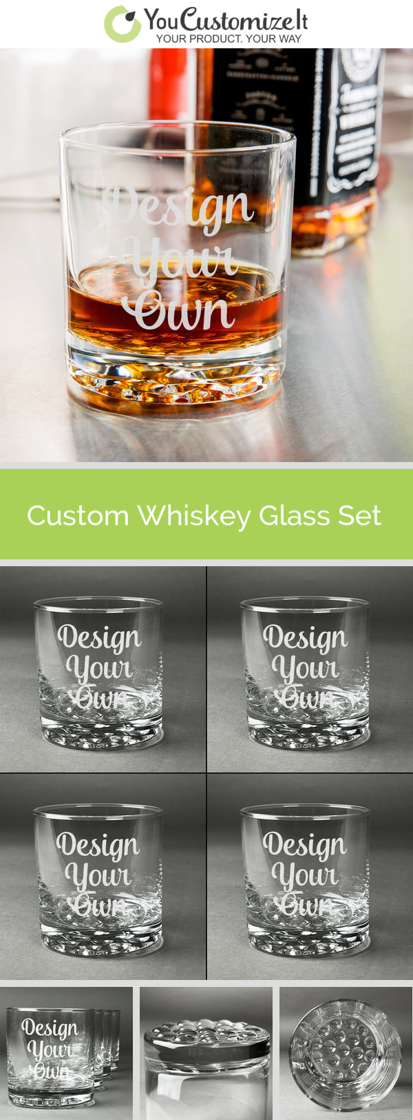 Custom Square Whiskey Glasses, Set of 4, Carmine Design by Home Wet Bar