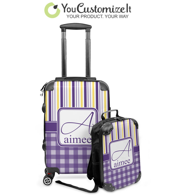 Custom Purple Gingham & Stripe Kids 2-Piece Luggage Set - Suitcase