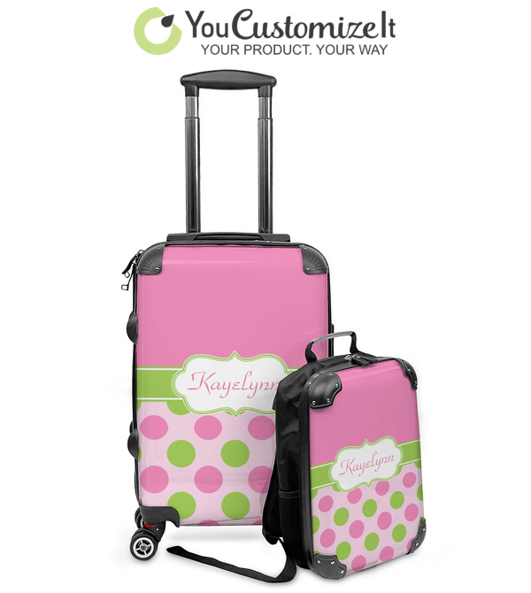 Custom Pink & Green Dots Kids 2-Piece Luggage Set - Suitcase