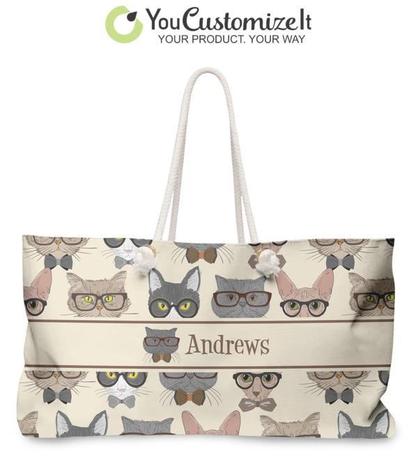 Custom Hipster Cats Large Tote Bag with Rope Handles (Personalized