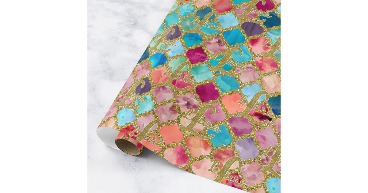 Custom Glitter Moroccan Watercolor Wrapping Paper Roll - Small ...