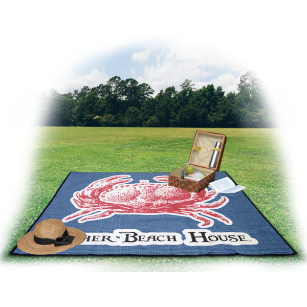 Custom Design - Picnic Blanket - with Basket Hat and Book - in Use