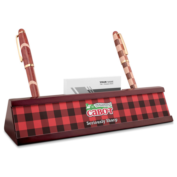 Custom Lumberjack Plaid Red Mahogany Nameplate with Business Card Holder (Personalized)