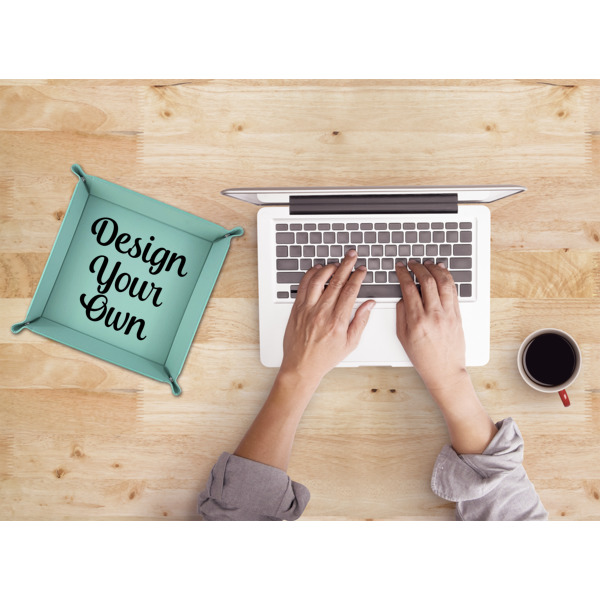 Custom Design - 9" x 9" Teal Leatherette Snap Up Tray - LIFESTYLE