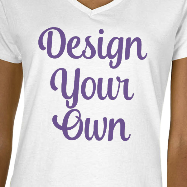 Custom Design - White V-Neck T-Shirt on Model - CloseUp