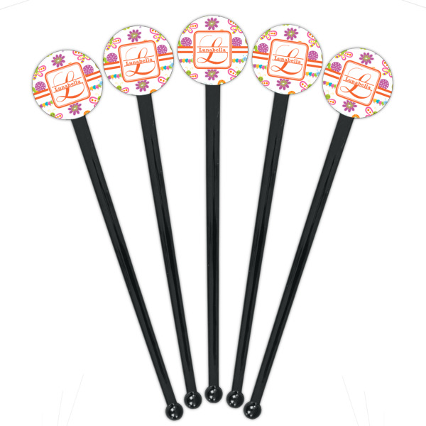 Custom Design - Black Plastic 7" Stir Stick - Round - Fan View