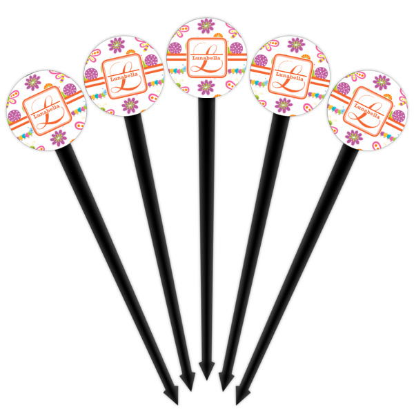 Custom Design - Black Plastic 4" Food Pick - Round - Fan View