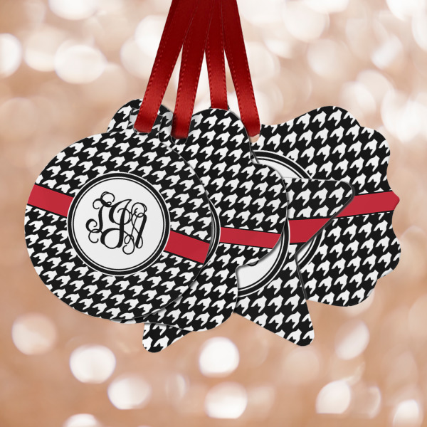 Custom Houndstooth Metal Ornaments - Double Sided w/ Monogram