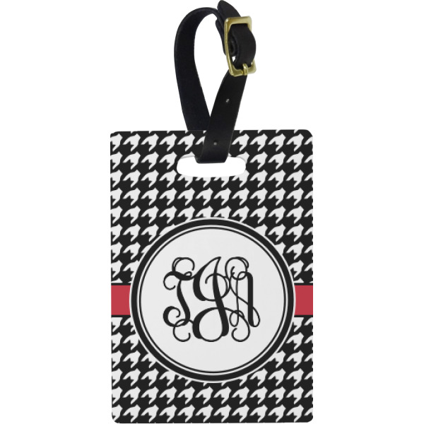 Custom Houndstooth Plastic Luggage Tag - Rectangular w/ Monogram