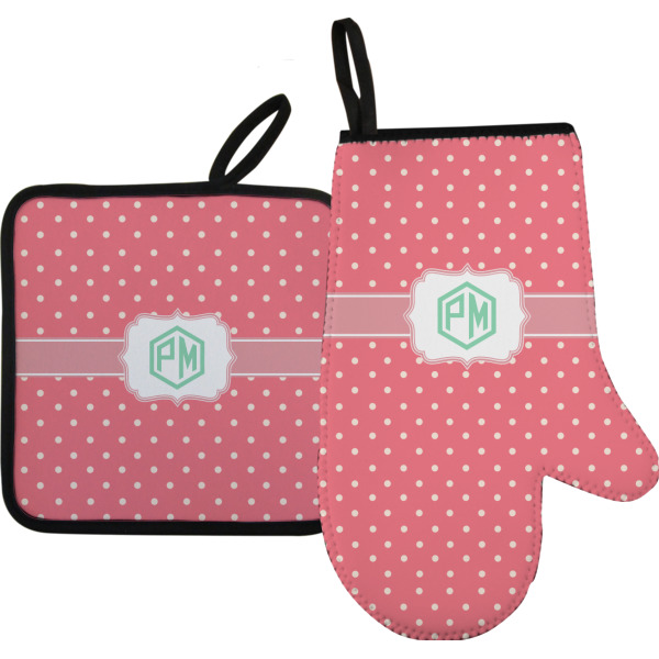 Custom Pink & Orange Chevron Oven Mitt & Pot Holder Set w/ Monogram
