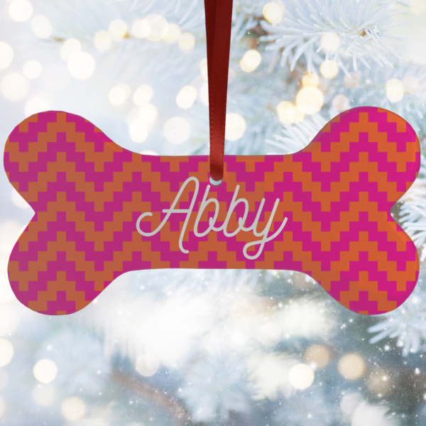 Custom Pink & Orange Chevron Ceramic Dog Ornament w/ Monograms