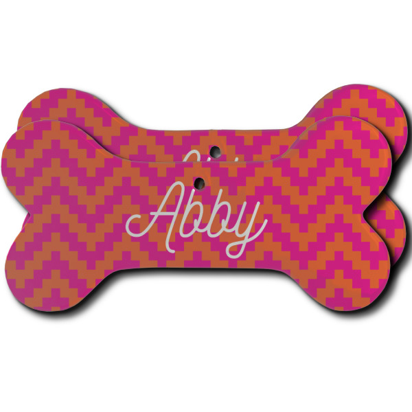 Custom Pink & Orange Chevron Ceramic Dog Ornament - Front & Back w/ Monogram
