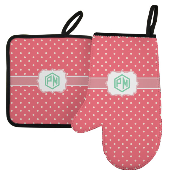 Custom Pink & Orange Chevron Left Oven Mitt & Pot Holder Set w/ Monogram